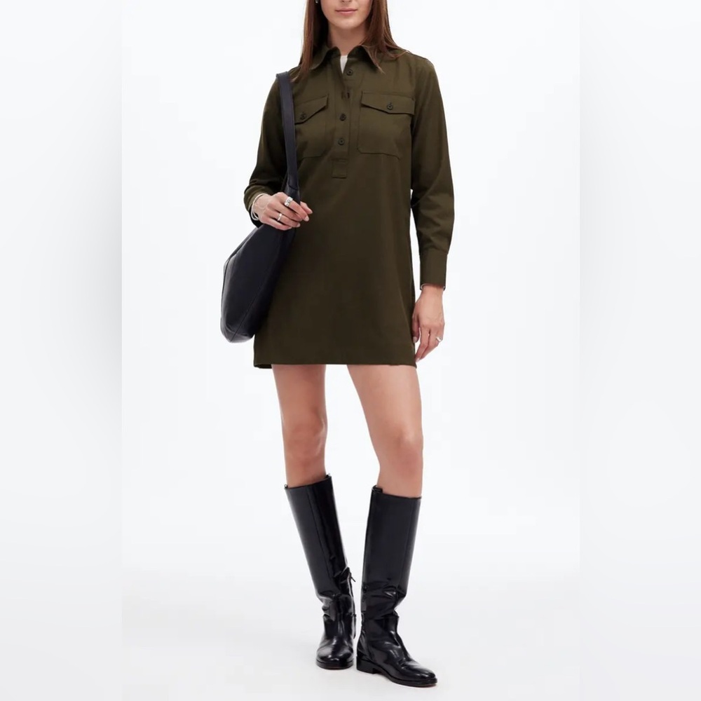Madewell‎ Dark Olive Green Melange Twill LS Button Up Mini Shirt Dress S